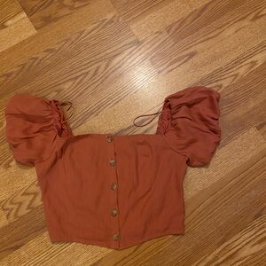 Rust Puff Sleeve Button-Up Crop Top
